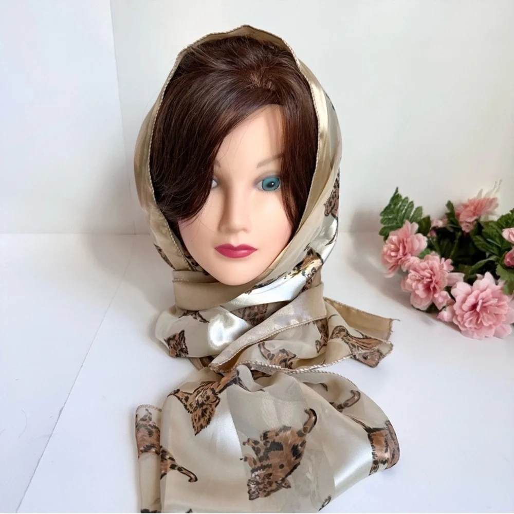 Metallic Gold Cream Chiffon Satin Silky Cat Print Scarf